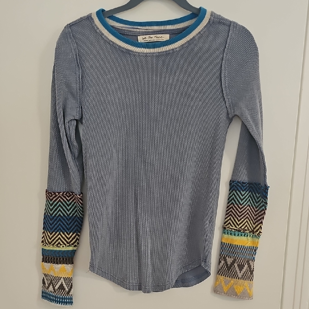 We The Free Blue Long Sleeve with Colorful Cuffs